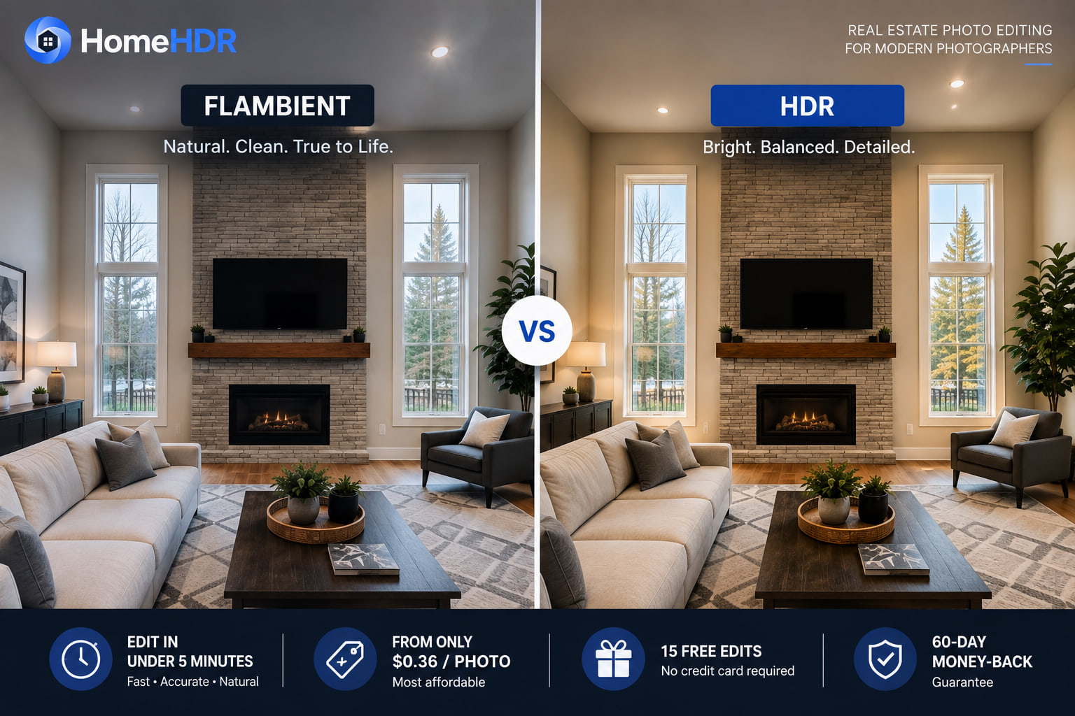 Side-by-side comparison of a flambient and an HDR edited living room in a modern home