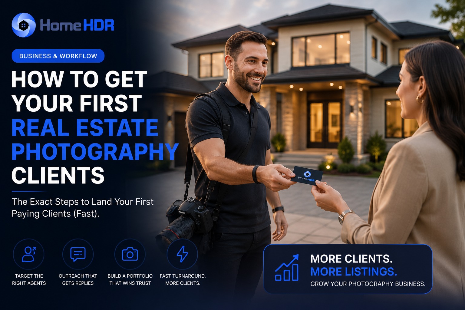Real estate photographer handing a business card to a real estate agent at a property