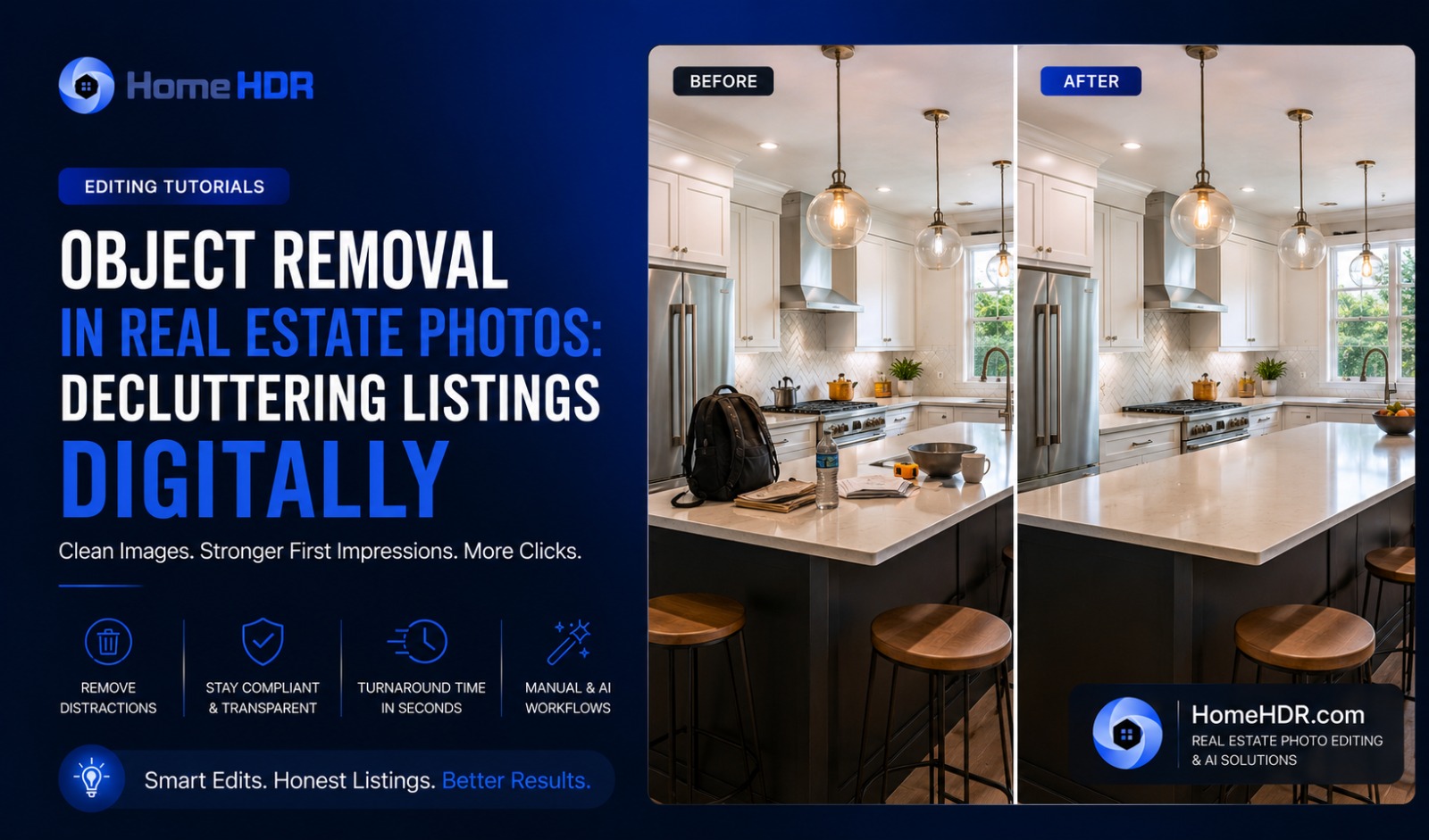 Before and after of a real estate photo with clutter digitally removed from the kitchen counter