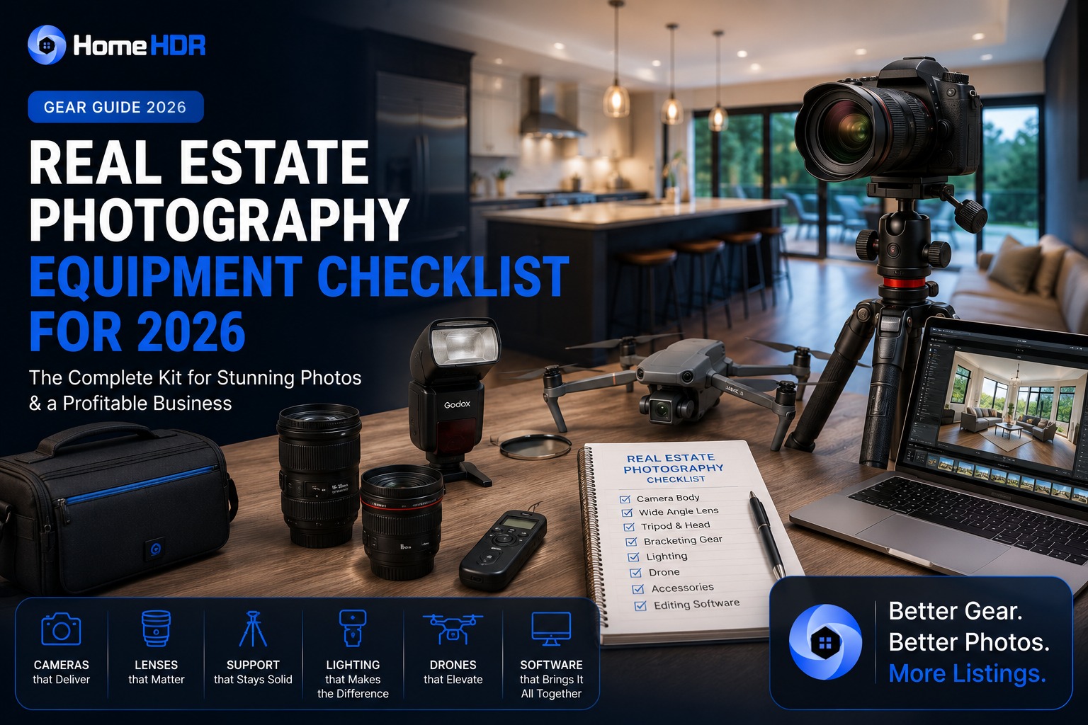 Real estate photography equipment laid out on a table including camera, lens, tripod, and speedlight