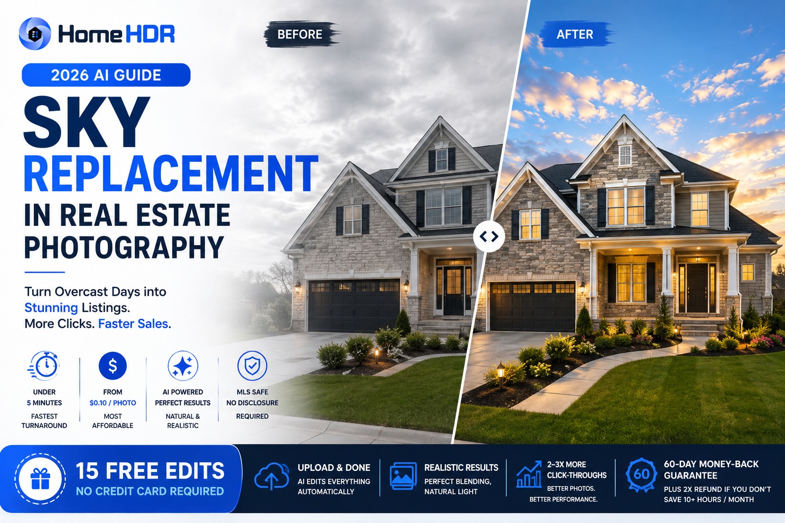 Before and after real estate exterior photo with an overcast sky replaced by a vivid blue sky using AI sky replacement