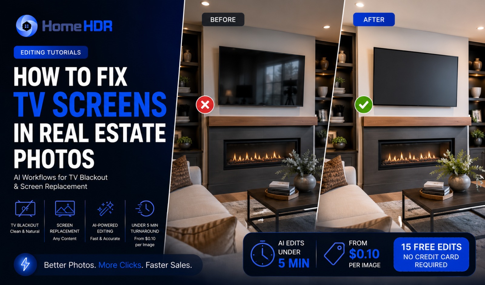 Before and after of a real estate photo where a black TV screen is replaced with a warm fireplace image