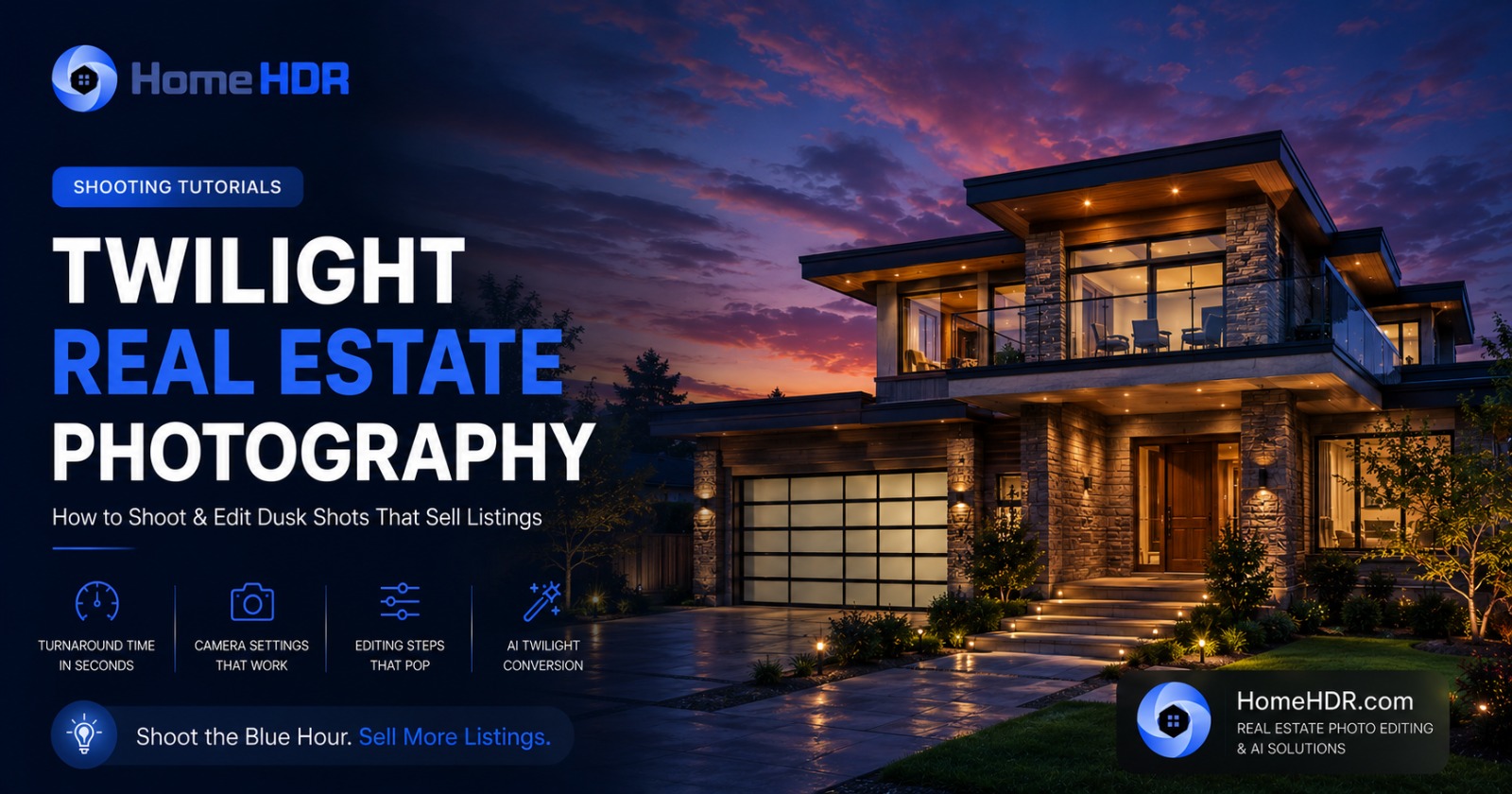 Luxury home exterior photographed at twilight with warm interior lights and a deep blue sky
