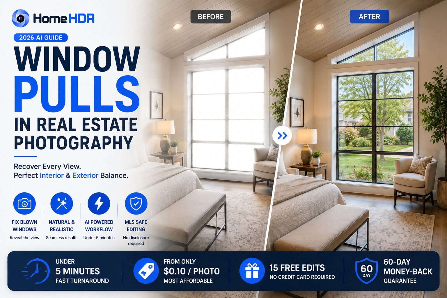 Before and after real estate photo showing a blown-out window pulled back to reveal the exterior view of a garden